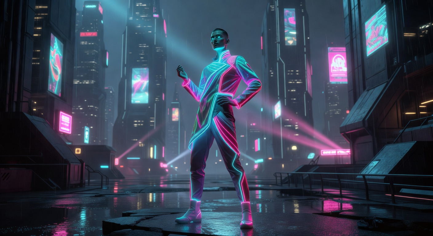 Futuristic fashion model wearing neon glowing apparel in a cyberpunk setting